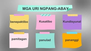 MGA URI NGPANG-ABAY
Panang-
ayon
panturing pananong
panturing panunuran pangkaukulan
 