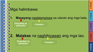 Mga halimbawa:
1. Masayang nagtatampisaw sa ulanan ang mga bata.
2. Malakas na naghihiyawan ang mga tao.
Pang-abay na
pamaraan
Pandiwa
Pang-abay na
pamaraan
Pandiwa
 