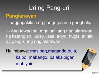 Uri ng Pang-uri 
Panglarawan 
– nagpapakilala ng pangngalan o panghalip. 
– Ang tawag sa mga salitang naglalarawan 
ng kat...