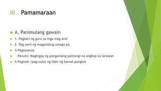 III . Pamamaraan
 A. Panimulang gawain
 1. Pagbati ng guro sa mga mag-aral
 2. Pag-awit ng magandang umaga po
 3.Pagsasanay
 Panuto: Magbigay ng panganlang pantangi na angkop sa larawan
 4.Pagtsek /pag-uulat ng lider ng bawat pangkat
 