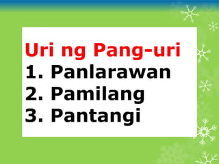 Uri ng Pang-uri
1. Panlarawan
2. Pamilang
3. Pantangi
 