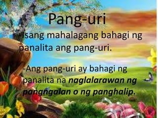 Pang-uri
-Isang mahalagang bahagi ng
panalita ang pang-uri.
-Ang pang-uri ay bahagi ng
panalita na naglalarawan ng
pangngalan o ng panghalip.
 