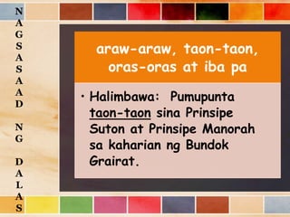 araw-araw, taon-taon,
oras-oras at iba pa
• Halimbawa: Pumupunta
taon-taon sina Prinsipe
Suton at Prinsipe Manorah
sa kaharian ng Bundok
Grairat.
N
A
G
S
A
S
A
A
D
N
G
D
A
L
A
S
 