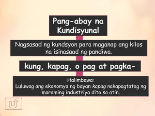 Pang-abay na
Kundisyunal
Nagsasad ng kundsyon para maganap ang kilos
na isinasaad ng pandiwa.
kung, kapag, o pag at pagka-
Halimbawa:
Luluwag ang ekonomya ng bayan kapag nakapagtatag ng
maraming industriya dito sa atin.
 