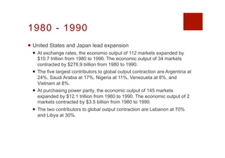 1980 - 1990
¡  United States and Japan lead expansion
¡  At exchange rates, the economic output of 112 markets expanded ...
