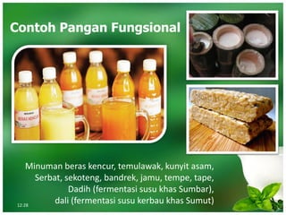 Contoh Pangan Fungsional
Minuman beras kencur, temulawak, kunyit asam,
Serbat, sekoteng, bandrek, jamu, tempe, tape,
Dadih (fermentasi susu khas Sumbar),
dali (fermentasi susu kerbau khas Sumut)12:28
 