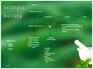 Diet TP
Deaminasi Protein
urineAmmonia ↑↑ Urea ↑↑
Produk khusus
asam amino :
glisin, arginin,
ornitin, triptofan,
fenilalanin, tirosin,
sistein, metionin,
serin
Toksik,
terakumulasi
Pemberian jus buah-sayur:
➢Formula jus A : semangka &
tomat
➢Formula jus B : wortel &
pepaya
Penyakit:
➢ Ginjal
➢ CVS
➢Osteoporosis
➢ Kanker
kolon
➢ Diabetes
➢Abnormalitas
hati
Ikatan C asam amino
Tidak
diteliti
diteliti
Keterangan
12:28
 
