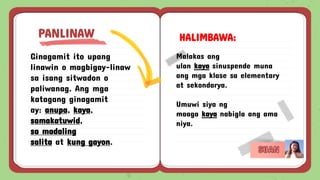 Ginagamit ito upang
linawin o magbigay-linaw
sa isang sitwadon o
paliwanag. Ang mga
katagang ginagamit
ay: anupa, kaya,
samakatuwid,
sa madaling
salita at kung gayon.
PANLINAW HALIMBAWA:
Malakas ang
ulan kaya sinuspende muna
ang mga klase sa elementary
at sekondarya.
Umuwi siya ng
maaga kaya nabigla ang ama
niya.
 