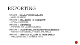  PANGKAT 1- MGA KATULONG SA BAHAY
 ARISH , EJ, MEISHA
 PANGKAT 2 – MGA TUNOG NG KAHIRAPAN
 SOFHIA, JOB,KNICOLE
 PANGKAT 3 – SINGAPORE
 STEPHANIE, DON LAURENCE,JUZTINE
 PANGKAT 4 – BUOD NG TELENOBELANG “FOREVERMORE”
 PRINCESS, GIAN CHRISTIAN, TRISHIA MAE, AEMAR
 PANGKAT 5 – MABUHAY KA, ANAK KO NI PIN YATHAY
 JIANE, ANDRE JOHAN, BENEDICT, VINCE
 