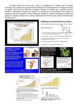 O mesmo passa nos ossos com o Mn e a osteoporose;[67] também com o sistema
enzimático dos citocromos que necessitam de Mn para seu funcionamento com prejuízos sérios
ao fígado; não fosse isso suficiente a empresa comprou os estudos que a adição de Ácido
Oxálico à formulação aumenta sua eficácia no controle de “ervas daninhas” nos cultivos e
patenteou uma nova formula[68], mas é sabido que também os oxalatos aumentam os índices de
autismo.[69] Estudos comprovam os danos da absorção de Alumínio pelo cérebro facilitado pelo
Glyphosate®.[70]
 