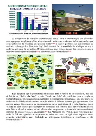 A inauguração do primeiro “supermercado verde” leva à comemoração dos alienados,
mas a pergunta simples que ali os alimentos serão mais caros e não para todos traz a reflexão e
conscientização da realidade que precisa mudar.[110] E sequer podemos ser denominados de
radicais, pois o gráfico feito pelo Prof. Phil Howard da Universidade de Michigan mostra o
poder na estrutura da agricultura Orgânica internacional com os nomes das corporações que a
monopolizam hegemonicamente[111] a comercialização internacional.[112]
Eles deveriam ser os promotores de medidas para o cultivo no solo saudável, mas sua
definição de “Saúde do Solo”, e não “Saúde no Solo” são artifícios para a venda de
biotecnologias de microrganismos patenteados e geneticamente modificados que irão provocar
maior artificialidade no microbioma do solo, similar à disbiose humana que agora ocorre. Eles
querem vender biotecnologia de microrganismo para a agricultura, já o estão fazendo, mas a
“Saúde no Solo” não se pode comprar em farmácias. Ela somente pode ser construída no solo
com ética e elevados valores morais ultrassociais do passado, pois no solo está o sentimento
máximo de nossa evolução e civilização.[113] Na Alemanha em 1981, no país responsável por
mais de 2/3 dos agrotóxicos do planeta se criou um curso de agricultura orgânica como
extensão universitária, com finalidade de antecipação tecnológica e econômica, e não
benemerência.[114]
 