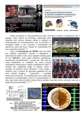 Então, retomamos a vida microbiana no solo. Nos países centrais os agrotóxicos são o
passado, todos devem ser treinados, capacitados para
trabalhar com estercos animais, palhas e conhecer as
biotecnologias de microrganismos, mas na periferia a
corrupção impõe o uso crescente e permanente de
agrotóxicos para não haver solução de continuidade em
suas economias caricatas.[117]
Hoje a Cromatografia de Pfeiffer está nas mãos
dos próprios agricultores fazendo o diagnóstico e
tratamento da saúde no solo, nosso segundo coração, parte
de um “InterSer” (solo, água, alimento, microbioma,
consciência) transformando a energia da vida fora do
corpo preparando as condições do nosso sistema
imunológico externo para a saúde e qualidade de Vida.[118]
Energia que equilibrada desde as plantas, frutos e
sementes se transfere como alimentos e nutre corpos e
espíritos, sob o controle do agricultor-camponês em um
novo vínculo produtor – consumidor - sociedade
ultrassocial consciente. O cromatograma serve ainda para
denunciar as contaminações, riscos e envenenamentos no
solo, algo muito além do sabor, aroma, beleza, paladar e que não está no mercado, mas sim a
disposição da humanidade.[119 e 120]
 