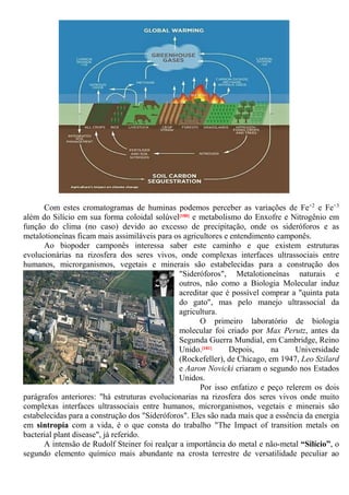 Com estes cromatogramas de huminas podemos perceber as variações de Fe+2
e Fe+3
além do Silício em sua forma coloidal solúvel[180] e metabolismo do Enxofre e Nitrogênio em
função do clima (no caso) devido ao excesso de precipitação, onde os sideróforos e as
metalotioneínas ficam mais assimiláveis para os agricultores e entendimento camponês.
Ao biopoder camponês interessa saber este caminho e que existem estruturas
evolucionárias na rizosfera dos seres vivos, onde complexas interfaces ultrassociais entre
humanos, microrganismos, vegetais e minerais são estabelecidas para a construção dos
"Sideróforos", Metalotioneínas naturais e
outros, não como a Biologia Molecular induz
acreditar que é possível comprar a "quinta pata
do gato", mas pelo manejo ultrassocial da
agricultura.
O primeiro laboratório de biologia
molecular foi criado por Max Perutz, antes da
Segunda Guerra Mundial, em Cambridge, Reino
Unido.[181] Depois, na Universidade
(Rockefeller), de Chicago, em 1947, Leo Szilard
e Aaron Novicki criaram o segundo nos Estados
Unidos.
Por isso enfatizo e peço relerem os dois
parágrafos anteriores: "há estruturas evolucionarias na rizosfera dos seres vivos onde muito
complexas interfaces ultrassociais entre humanos, microrganismos, vegetais e minerais são
estabelecidas para a construção dos "Sideróforos". Eles são nada mais que a essência da energia
em sintropía com a vida, é o que consta do trabalho "The Impact of transition metals on
bacterial plant disease", já referido.
A intensão de Rudolf Steiner foi realçar a importância do metal e não-metal “Silício”, o
segundo elemento químico mais abundante na crosta terrestre de versatilidade peculiar ao
 