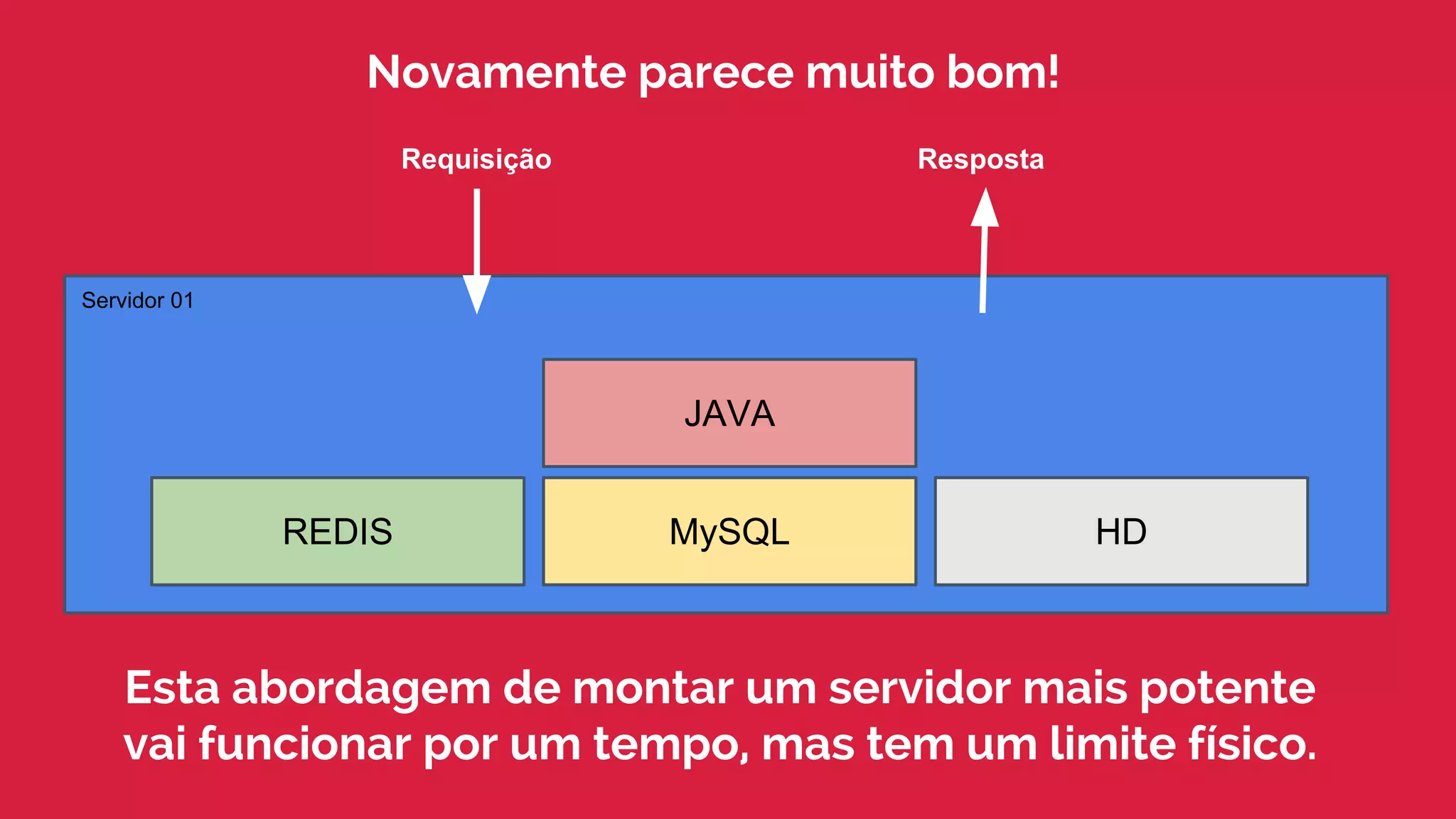 Requisição Resposta
Servidor 01
JAVA
MySQLREDIS HD
Novamente parece muito bom!
Esta abordagem de montar um servidor mais potente
vai funcionar por um tempo, mas tem um limite físico.
 