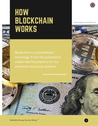 Blockchain is a foundational
technology: It has the potential to
create new foundations for our
economic and social systems.
- Harvard Business Review
HOW
BLOCKCHAIN
WORKS
4
PANGEA Private Family Offices
TM
www.pangeaprivatewealth.com
 