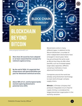 BLOCKCHAIN
BEYOND
BITCOIN Blockchains come in many
different types. In addition to the
Bitcoin blockchain, a number of
other independent blockchains have
emerged in recent years. None
has yet achieved the same scale
as Bitcoin but they do offer other
benefits, such as increased speed,
larger data capacities, different
consensus methods or more
advanced functionality.
Companies around the world are
already using blockchain technology
to track items through complex
supply chains.
Bitmain, a Chinese company that
produces integrated circuit chips for
crypto mining, is considered the
largest blockchain organization in the
world by valuation.
6
By the end of 2024, it’s expected that
corporations will spend $20 billion per
year for blockchain technical services.
More than 20 countries have adopted
or at least researched the concept of a
national cryptocurrency.
About 90% of U.S. and European banks
started exploring blockchain’s
potential since 2018.
PANGEA Private Family Offices
TM
www.pangeaprivatewealth.com
 