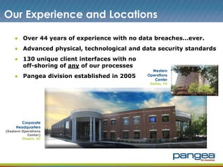Our Experience and Locations
● Over 44 years of experience with no data breaches…ever.
● Advanced physical, technological and data security standards
● 130 unique client interfaces with no
off-shoring of any of our processes
● Pangea division established in 2005
Western
Operations
Center
Dallas, TX
Corporate
Headquarters
(Eastern Operations
Center)
Chapin, SC
 