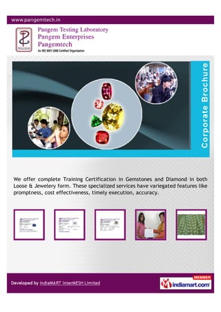 We offer complete Training Certification in Gemstones and Diamond in both
Loose & Jewelery form. These specialized services have variegated features like
promptness, cost effectiveness, timely execution, accuracy.
 