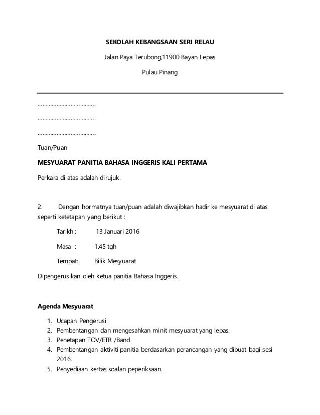 Surat Panggilan Mesyuarat Panitia / Surat panggilan mesyuarat bi