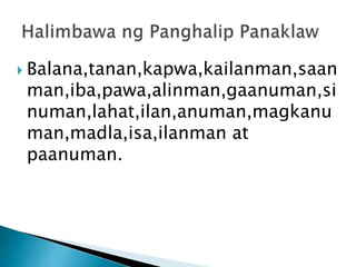  Balana,tanan,kapwa,kailanman,saan 
man,iba,pawa,alinman,gaanuman,si 
numan,lahat,ilan,anuman,magkanu 
man,madla,isa,ilanman at 
paanuman. 
 