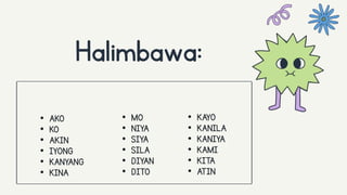 • AKO
• KO
• AKIN
• IYONG
• KANYANG
• KINA
Halimbawa:
• MO
• NIYA
• SIYA
• SILA
• DIYAN
• DITO
• KAYO
• KANILA
• KANIYA
• KAMI
• KITA
• ATIN
 