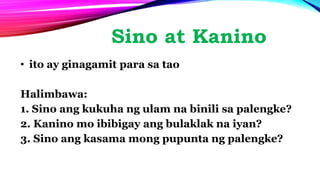 Sino at Kanino
• ito ay ginagamit para sa tao
Halimbawa:
1. Sino ang kukuha ng ulam na binili sa palengke?
2. Kanino mo ibibigay ang bulaklak na iyan?
3. Sino ang kasama mong pupunta ng palengke?
 