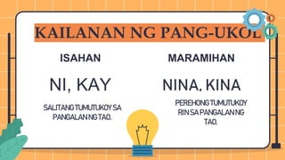 ISAHAN
KAILANAN NG PANG-UKOL
NINA, KINA
NI, KAY
MARAMIHAN
SALITANGTUMUTUKOYSA
PANGALANNG TAO.
PEREHONG TUMUTUKOY
RIN SA PANGALANNG
TAO.
 