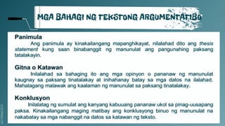SLIDESMANIA.COM
MGA BAHAGI NG TEKSTONG ARGUMENTATIBO
 