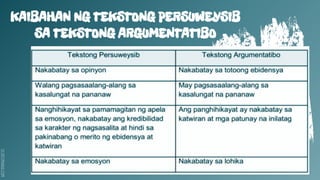 SLIDESMANIA.COM
KAIBAHAN NG TEKSTONG PERSUWEYSIB
SA TEKSTONG ARGUMENTATIBO
 