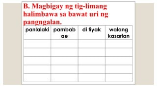 B. Magbigay ng tig-limang
halimbawa sa bawat uri ng
pangngalan.
panlalaki pambab
ae
di tiyak walang
kasarian
 