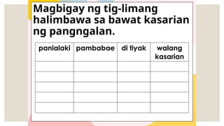 Magbigay ng tig-limang
halimbawa sa bawat kasarian
ng pangngalan.
panlalaki pambabae di tiyak walang
kasarian
 