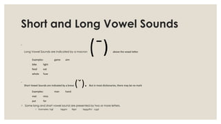 Short and Long Vowel Sounds
◦
Long Vowel Sounds are indicated by a macron (ˉ) above the vowel letter.
Examples: game aim
bike light
feed eat
whole fuse
◦
Short Vowel Sounds are indicated by a breve (ˇ). But in most dictionaries, there may be no mark
Examples: man hand
met miss
put for
o Some long and short vowel sound are presented by two or more letters.
o Examples: hail beans fried beautiful coat
 