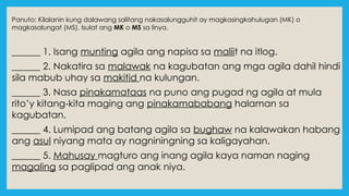 Panuto: Kilalanin kung dalawang salitang nakasalungguhit ay magkasingkahulugan (MK) o
magkasalungat (MS). Isulat ang MK o MS sa linya.
______ 1. Isang munting agila ang napisa sa maliit na itlog.
______ 2. Nakatira sa malawak na kagubatan ang mga agila dahil hindi
sila mabub uhay sa makitid na kulungan.
______ 3. Nasa pinakamataas na puno ang pugad ng agila at mula
rito’y kitang-kita maging ang pinakamababang halaman sa
kagubatan.
______ 4. Lumipad ang batang agila sa bughaw na kalawakan habang
ang asul niyang mata ay nagniningning sa kaligayahan.
______ 5. Mahusay magturo ang inang agila kaya naman naging
magaling sa paglipad ang anak niya.
 