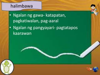 • Ngalan ng gawa- katapatan,
pagkatiwalan, pag-aaral
• Ngalan ng pangyayari- pagtatapos
kaarawan
halimbawa
 