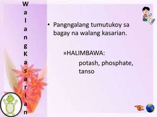 W
a
l
a
n
g
K
a
s
a
r
i
a
n
• Pangngalang tumutukoy sa
bagay na walang kasarian.
»HALIMBAWA:
potash, phosphate,
tanso
 