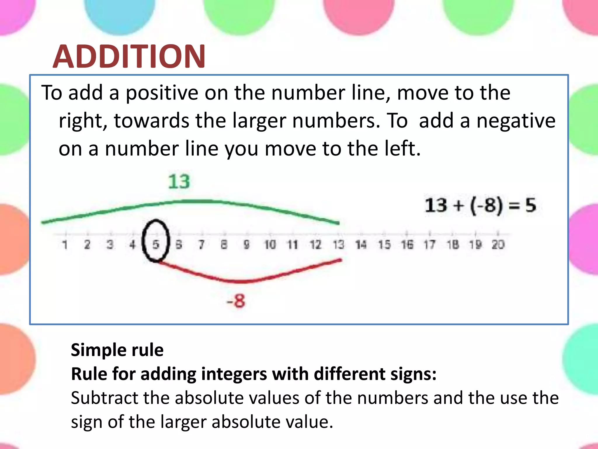 ADDITION
To add a positive on the number line, move to the
right, towards the larger numbers. To add a negative
on a number line you move to the left.
Simple rule
Rule for adding integers with different signs:
Subtract the absolute values of the numbers and the use the
sign of the larger absolute value.
 