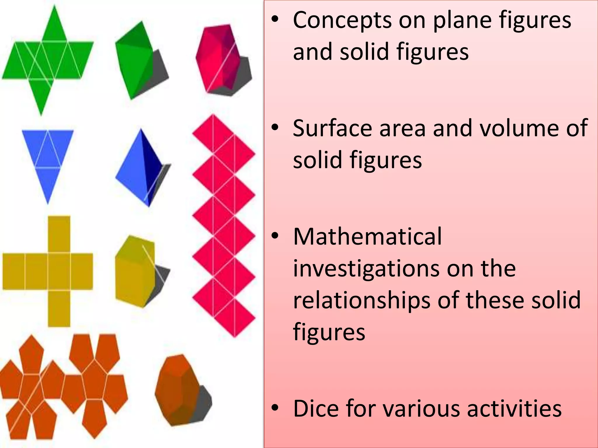 • Concepts on plane figures
and solid figures
• Surface area and volume of
solid figures
• Mathematical
investigations on the
relationships of these solid
figures
• Dice for various activities
 