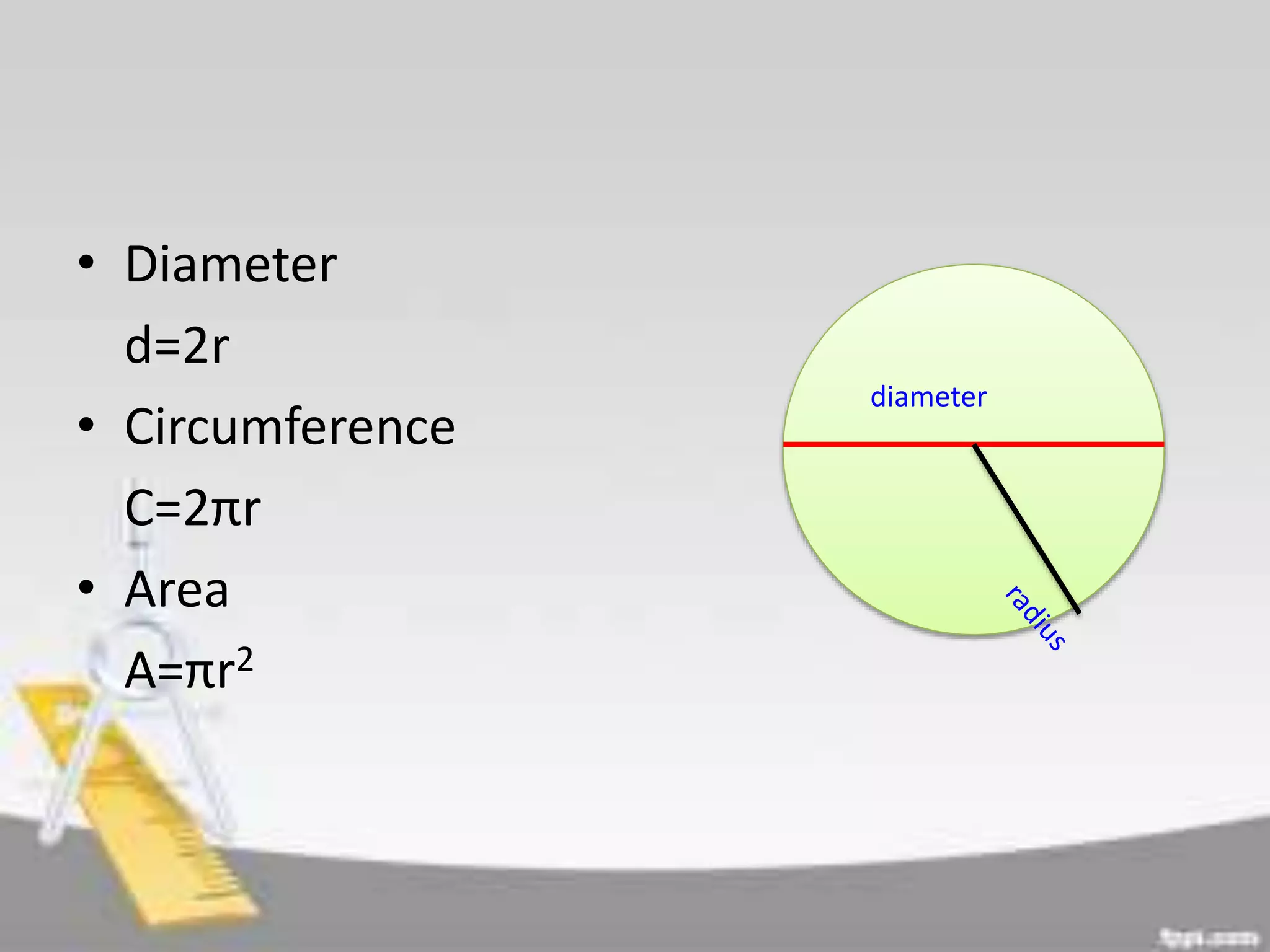 • Diameter
d=2r
• Circumference
C=2πr
• Area
A=πr2
diameter
 