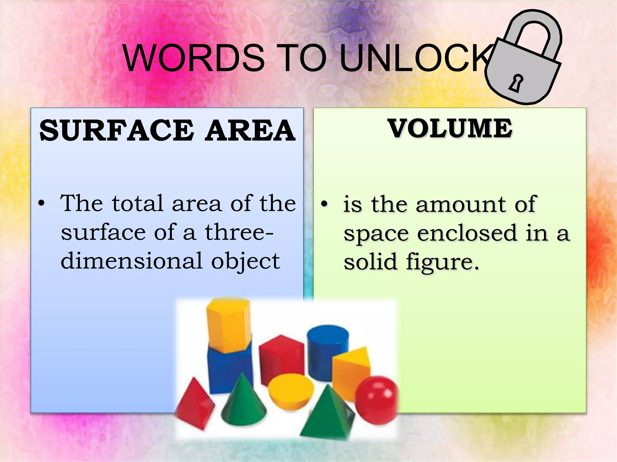 WORDS TO UNLOCK
SURFACE AREA
• The total area of the
surface of a three-
dimensional object
VOLUME
• is the amount of
space enclosed in a
solid figure.
 