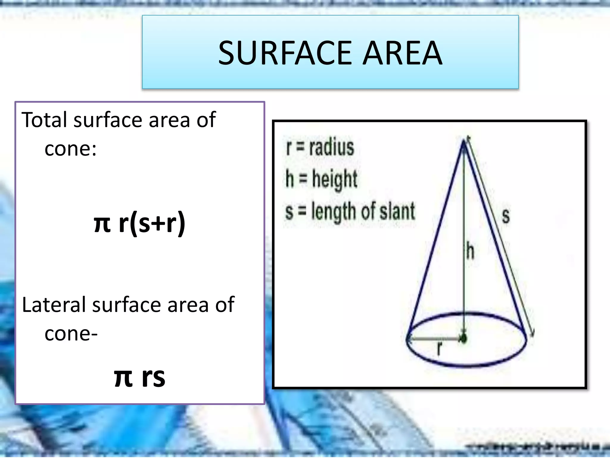 SURFACE AREA
Total surface area of
cone:
π r(s+r)
Lateral surface area of
cone-
π rs
 