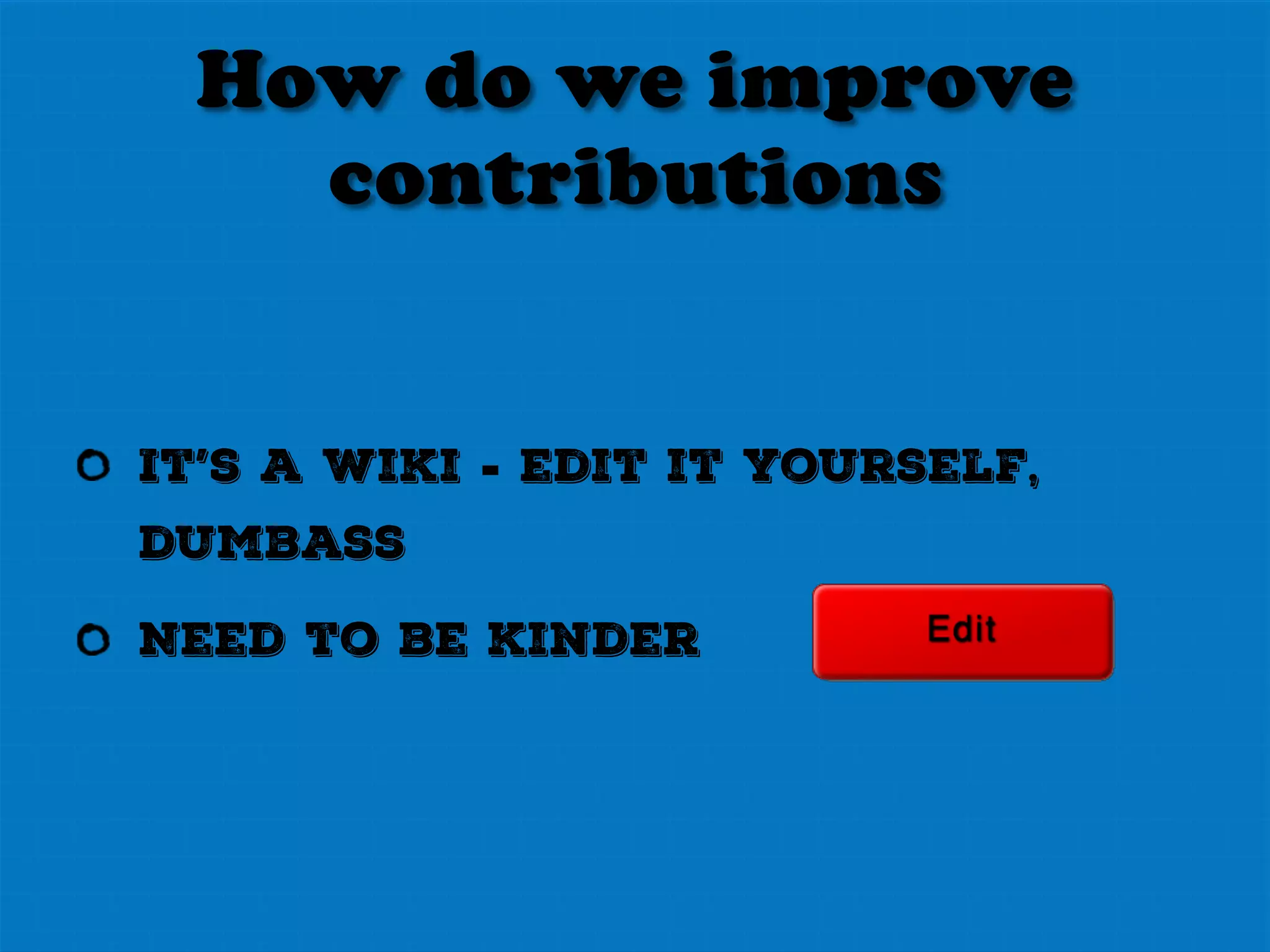 It’s tricky
20,000 total contributors
Almost half only do one edit
630 have made more than 30
edits, or 3.5 percent
36 have made more than 500
edits, 0.2 percent
 