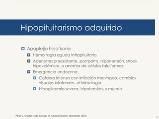 Hipopituitarismo adquirido
 Apoplejía hipofisaria
 Hemorragia aguda intrapituitaria
 Adenoma preexistente, postparto, hipertensión, shock
hipovolémico, o anemia de células falciformes.
 Emergencia endocrina

 Cefalea intensa con irritación meníngea, cambios
visuales bilaterales, oftalmología.
 Hipoglicemia severa, hipotensión, y muerte.

Peter J. Snyder, cols. Causes of hypopituitarism. Uptodate. 2013

10

 