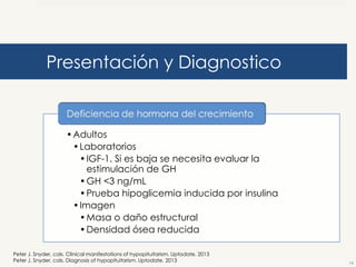 Presentación y Diagnostico

• Adultos
• Laboratorios
• IGF-1. Si es baja se necesita evaluar la
estimulación de GH
• GH <3 ng/mL
• Prueba hipoglicemia inducida por insulina
• Imagen
• Masa o daño estructural
• Densidad ósea reducida
Peter J. Snyder, cols. Clinical manifestations of hypopituitarism. Uptodate. 2013
Peter J. Snyder, cols. Diagnosis of hypopituitarism. Uptodate. 2013

14

 