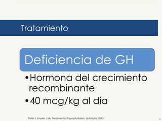 Tratamiento

•Hormona del crecimiento
recombinante
•40 mcg/kg al día
Peter J. Snyder, cols. Treatment of hypopituitarism. Uptodate. 2013

25

 