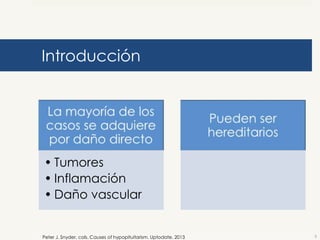 Introducción

• Tumores
• Inflamación
• Daño vascular

Peter J. Snyder, cols. Causes of hypopituitarism. Uptodate. 2013

2

 