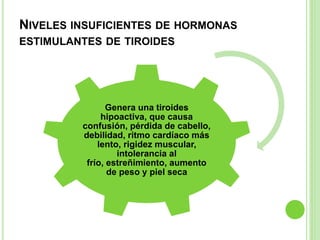 NIVELES INSUFICIENTES DE HORMONAS 
ESTIMULANTES DE TIROIDES 
Genera una tiroides 
hipoactiva, que causa 
confusión, pérdida de cabello, 
debilidad, ritmo cardíaco más 
lento, rigidez muscular, 
intolerancia al 
frío, estreñimiento, aumento 
de peso y piel seca 
 