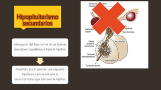 Hipopituitarismo
secundarios
Interrupción del flujo normal de los factores
liberadores hipotalámicos hacia la hipófisis
Presentan, por lo general, una respuesta
hipofisaria casi normal ante la
de las hormonas que estimulan la hipófisis
 