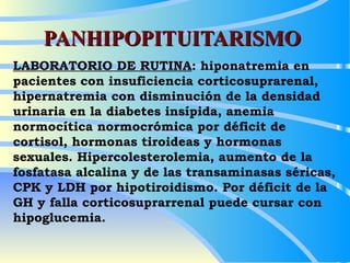 PANHIPOPITUITARISMO LABORATORIO DE RUTINA : hiponatremia en pacientes con insuficiencia corticosuprarenal, hipernatremia con disminución de la densidad urinaria en la diabetes insípida, anemia normocítica normocrómica por déficit de cortisol, hormonas tiroideas y hormonas sexuales. Hipercolesterolemia, aumento de la fosfatasa alcalina y de las transaminasas séricas, CPK y LDH por hipotiroidismo. Por déficit de la GH y falla corticosuprarrenal puede cursar con hipoglucemia.  