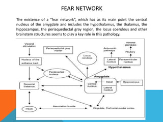 FEAR NETWORK
The existence of a “fear network”, which has as its main point the central
nucleus of the amygdale and includes the hypothalamus, the thalamus, the
hippocampus, the periaqueductal gray region, the locus coeruleus and other
brainstem structures seems to play a key role in this pathology.
 
