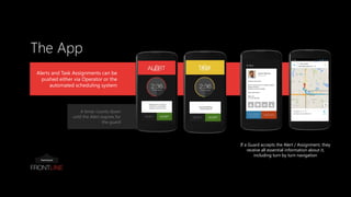 Alerts and Task Assignments can be pushed either via Operator or the automated scheduling system 
If a Guard accepts the Alert / Assignment, they receive all essential information about it, including turn by turn navigation 
A timer counts down until the Alert expires for the guard 
The App  
